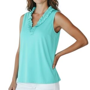 AnaClare Calla Ruffle Top Aqua Sleeveless V-Neck SPF 50 Sz L